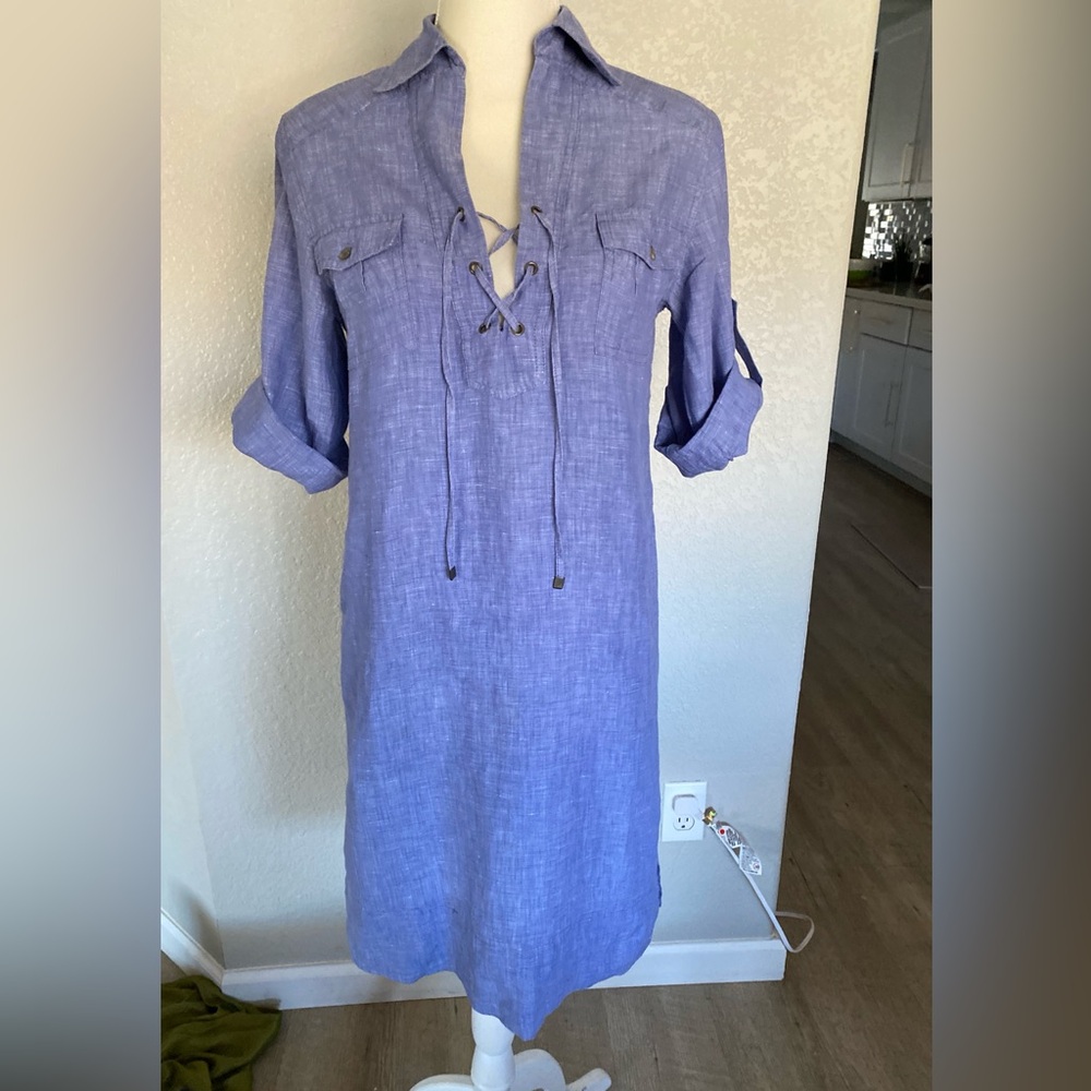 Tommy Bahama Blue Denim Chambray
Front Tie Roll Tab Sleeve Shirt Dress Sz XS